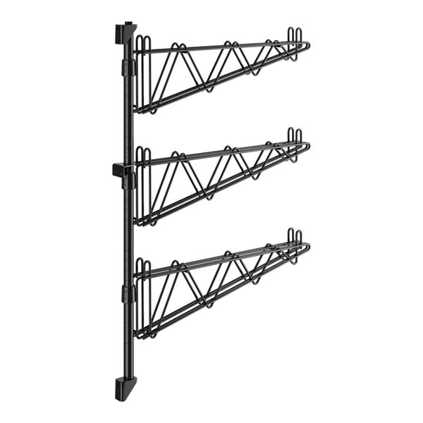 A black metal Regency wall-mount shelf post with double brackets for shelves.