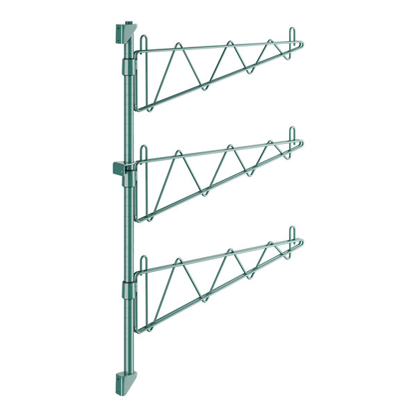 A green metal Regency wall-mount shelf post with single brackets.