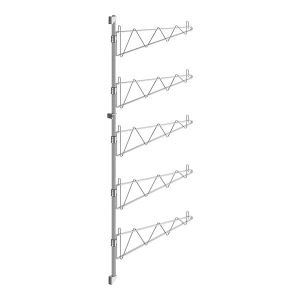 A metal rack with five metal shelves and metal posts.