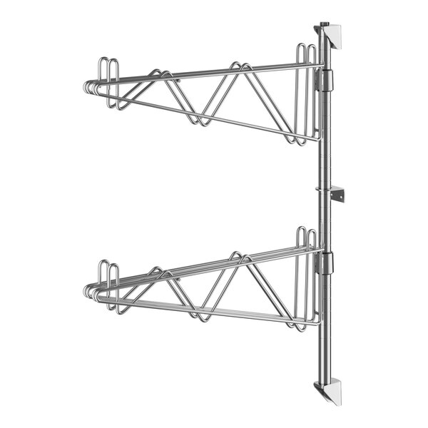A Regency stainless steel wall-mount middle shelf post with double brackets and hooks.