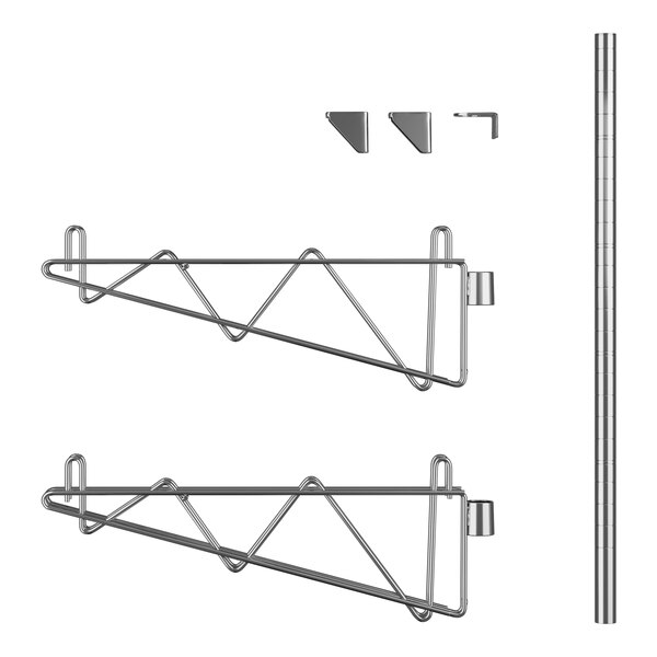 A Regency stainless steel wall-mount shelf post with double brackets and a rod.
