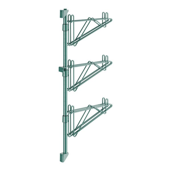 A Regency green metal wall-mount shelf post with double brackets for three shelves.