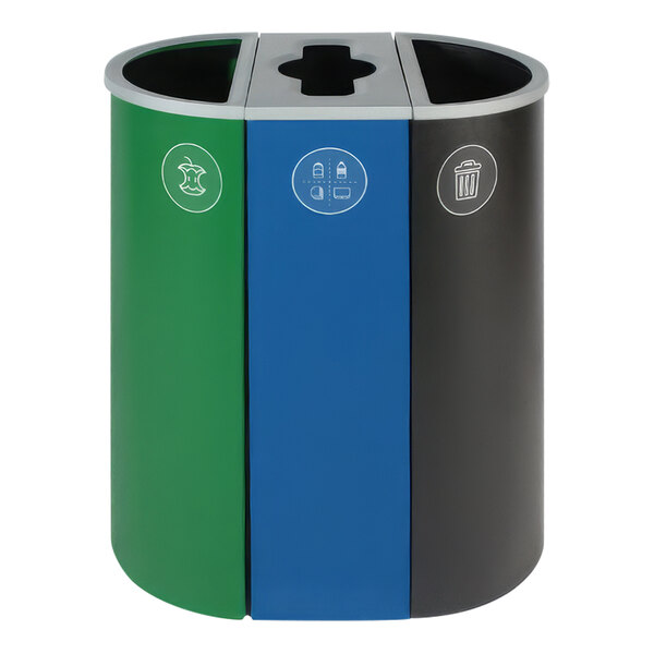 A Busch Systems Spectrum multi-stream trash can with green, blue, and black compartments.