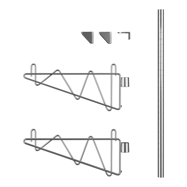 A Regency stainless steel wall-mount shelf post with single brackets and hooks.