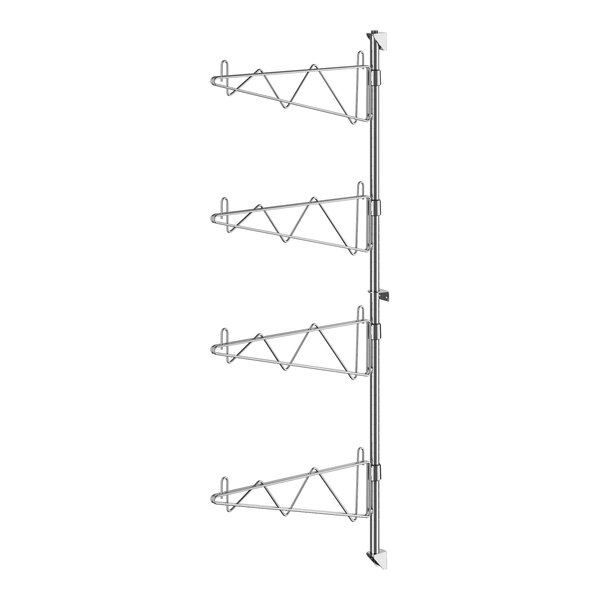 A metal wall mounted rack with four shelves and Regency single brackets.