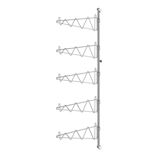 A white metal Regency wall-mount shelf post with hooks and shelves.