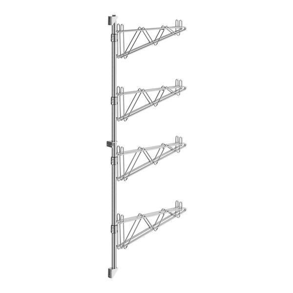 A Regency stainless steel wall-mount shelf post with double brackets and four shelves.