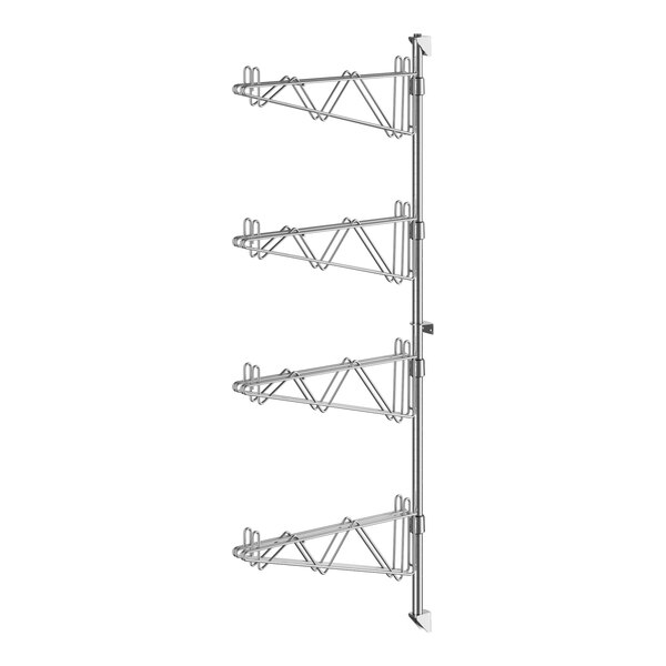 A Regency stainless steel wall-mount shelf post with four levels.