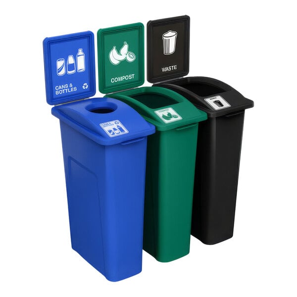 A white Busch Systems Waste Watcher receptacle with blue, green, and black bins labeled for cans, bottles, and compost respectively.