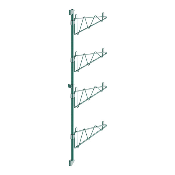 A green metal Regency wall-mount shelf post with single brackets.