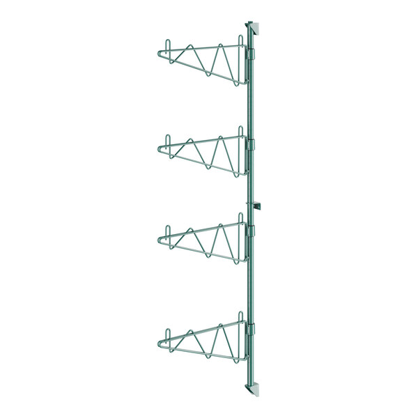 A green metal shelf post with four levels and single brackets.