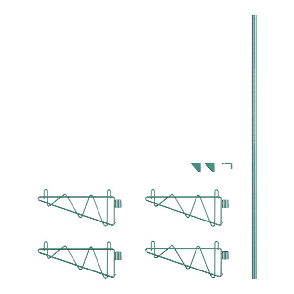A white diagram of a wall-mounted green metal wire shelf post with green metal clips.