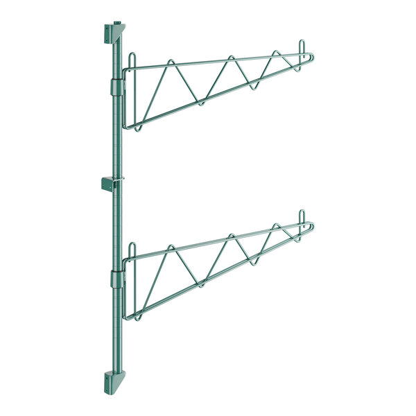 A green metal Regency wall-mount shelf post with single brackets on it.