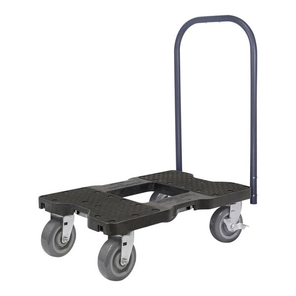 A black Snap-Loc push cart dolly with wheels.