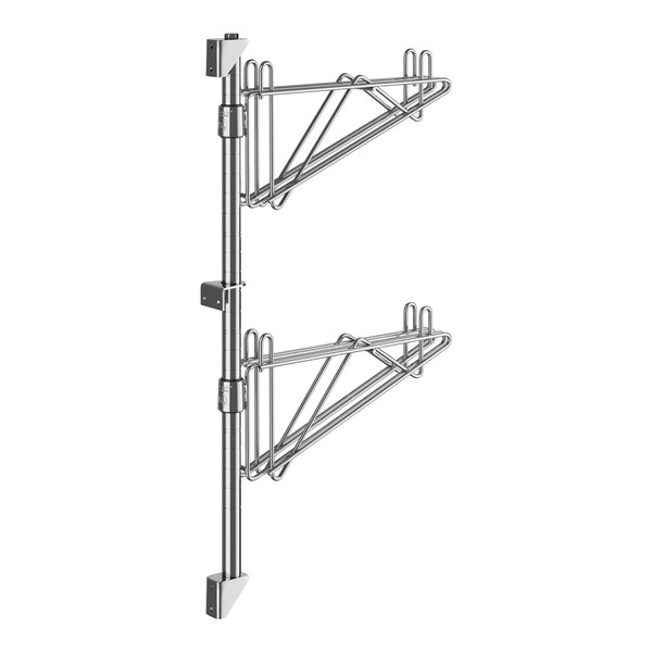 A pair of Regency chrome double brackets for a wall-mount shelf with two hooks.