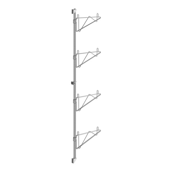 A Regency stainless steel wall-mount shelf post with hooks.