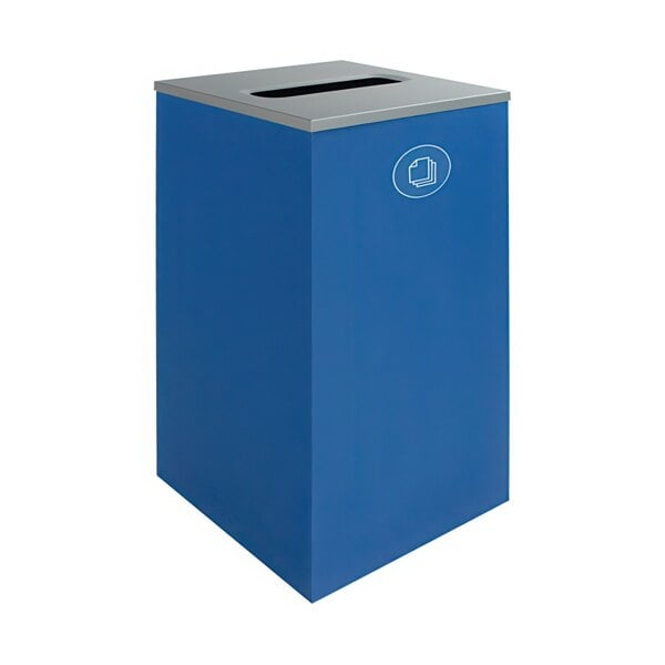 A blue rectangular Busch Systems decorative paper receptacle with a silver lid.
