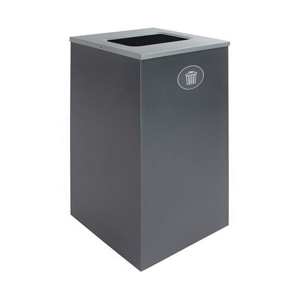 A gray rectangular Busch Systems decorative waste receptacle with a lid.