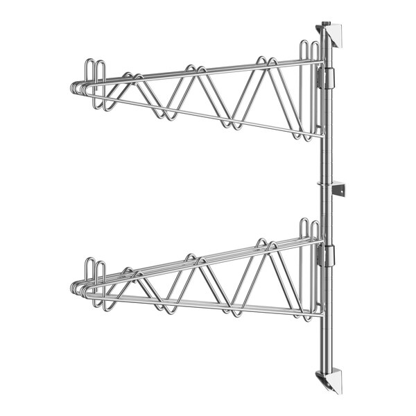 A Regency stainless steel wall-mount middle shelf post with double brackets and hooks.