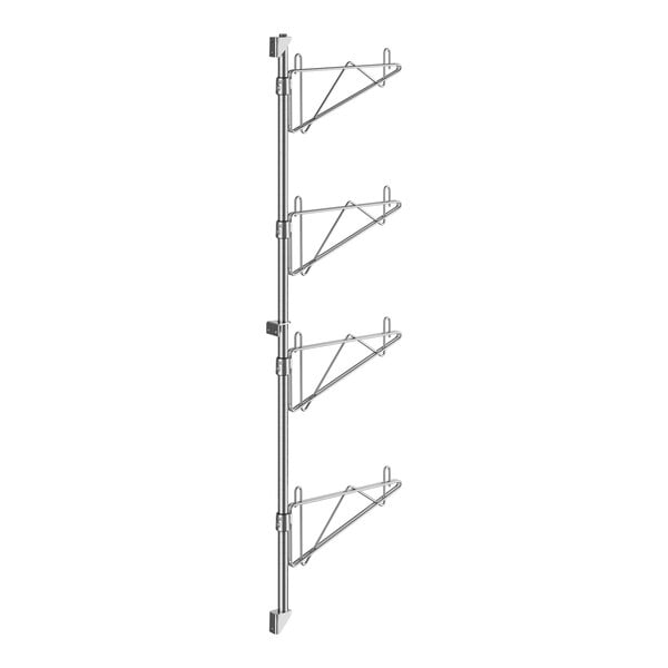 A Regency stainless steel wall-mount shelf post with single brackets for 12" deep shelves with four metal rods.