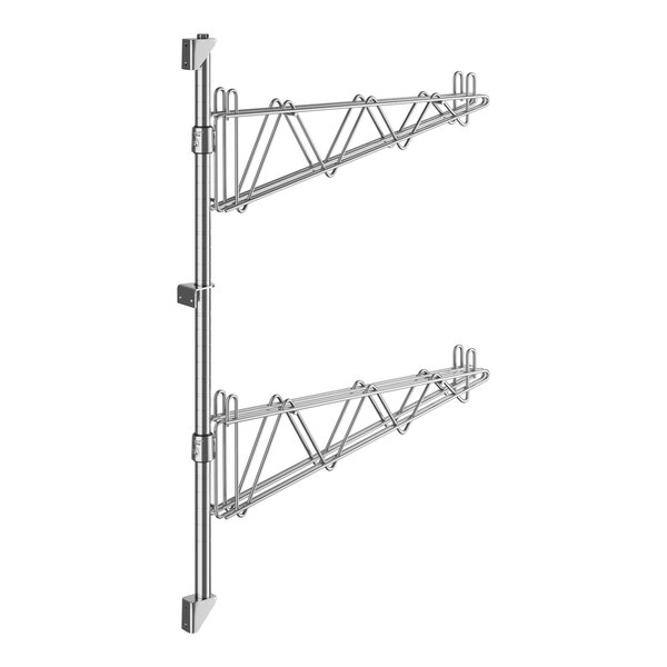 A Regency stainless steel wall-mount middle shelf post with double brackets at two different angles.