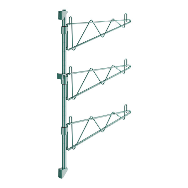 A green metal Regency wall-mount shelf post with three metal poles.