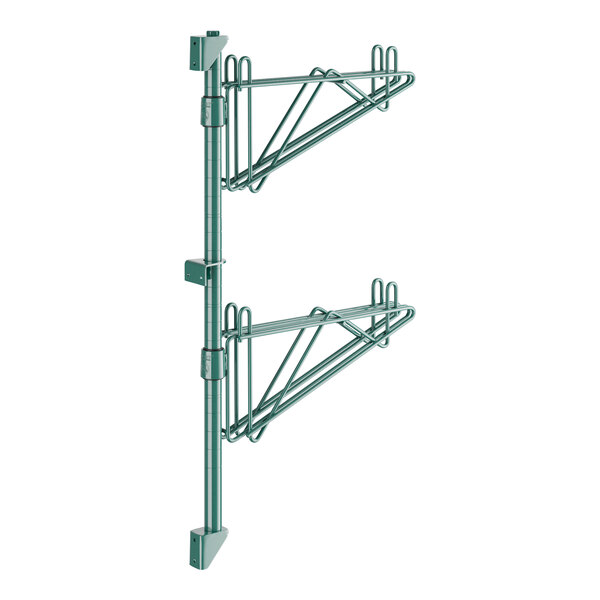 A green metal Regency wall-mount shelf post with double brackets for two shelves.