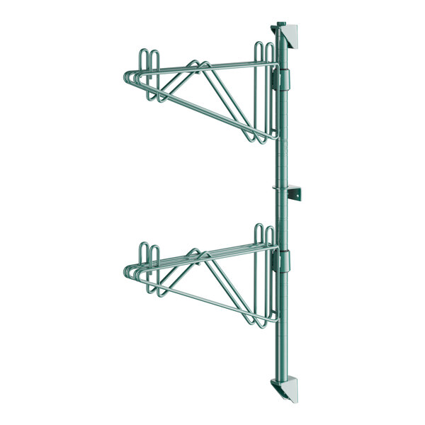 A green Regency wall-mount shelf post with double brackets and hooks.