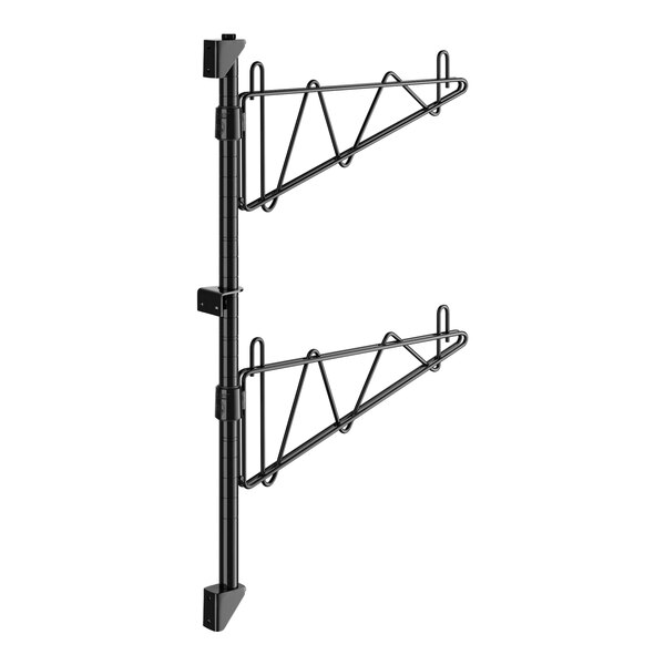 A black metal Regency wall-mount shelf post with hooks.