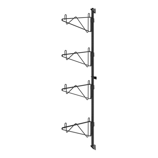 A black metal Regency wall-mount shelf post with single brackets for wire shelves.