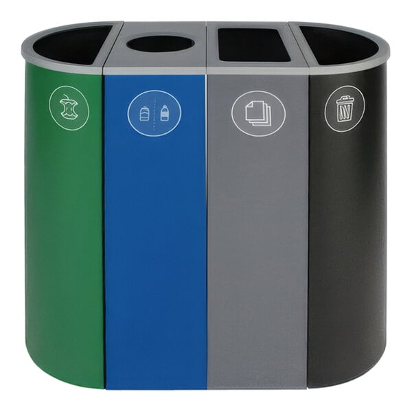 A group of Busch Systems Spectrum slim multi-stream trash cans in different colors.