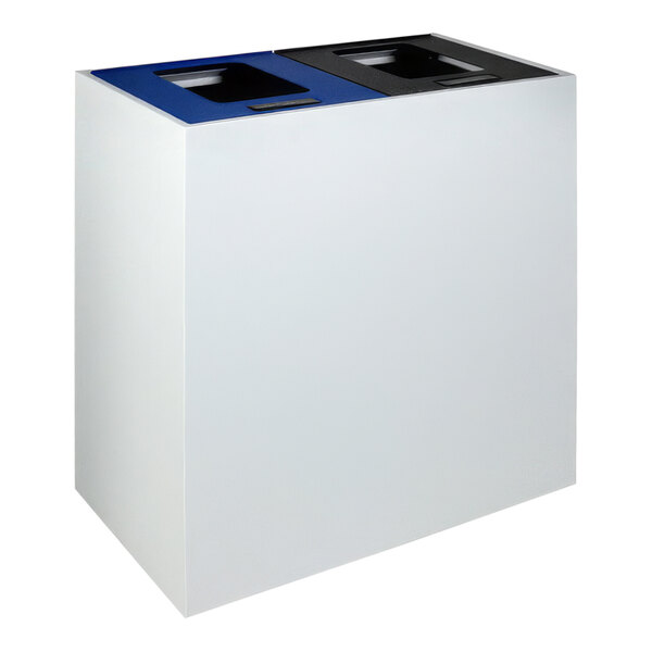 A white Busch Systems Mezzo multi-stream trash can with blue and black lids.