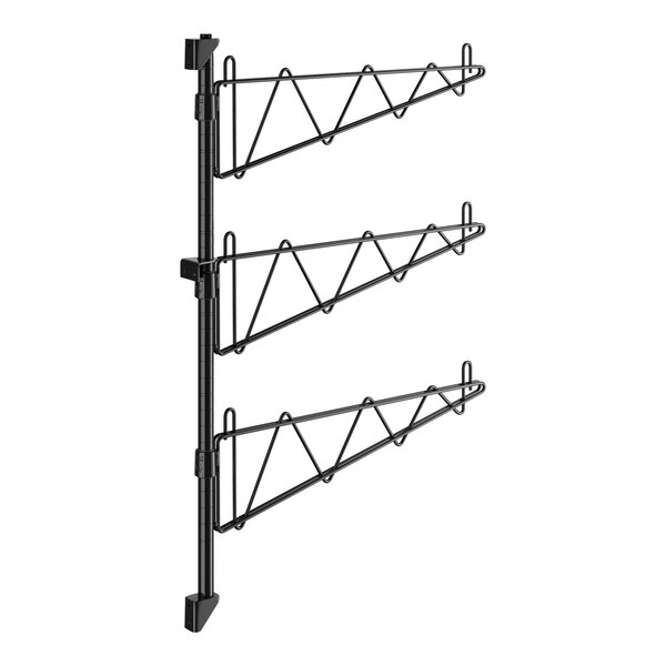 A black metal Regency wall-mount shelf post with black metal rods.