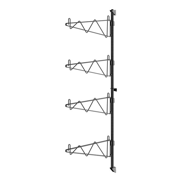 A black metal wall mounted rack with four shelves.