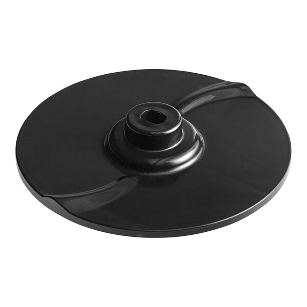 A black circular AvaMix discharge plate with a hole in the center.