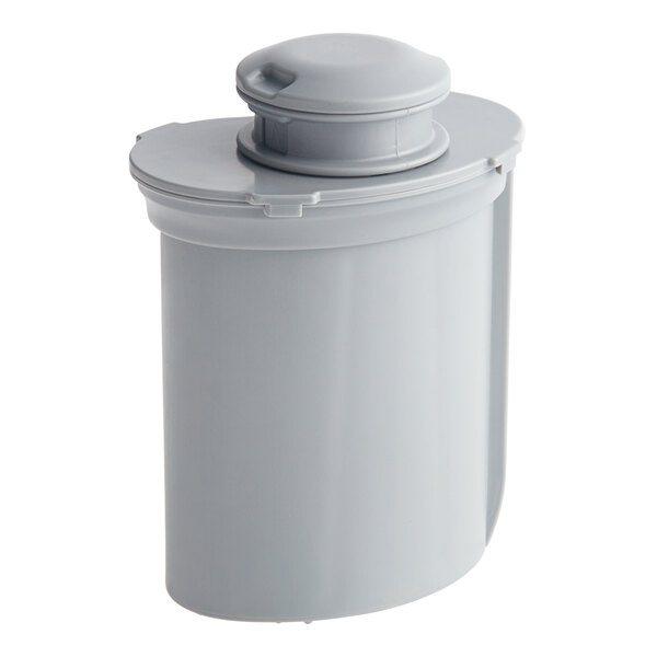 A grey plastic container with a white lid.