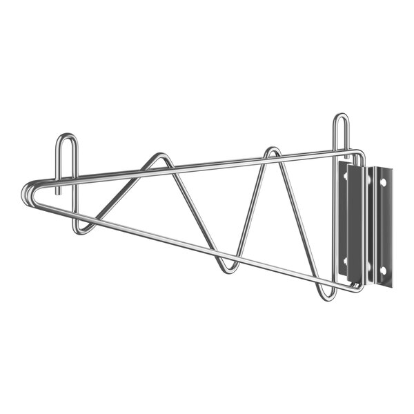 A Regency stainless steel wall-mount single bracket for wire shelving with a hook.