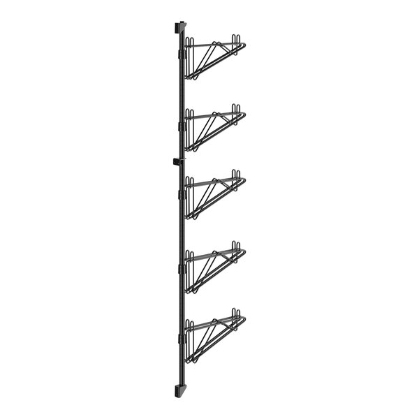 A black metal Regency wall-mount shelf post with double brackets for four shelves.