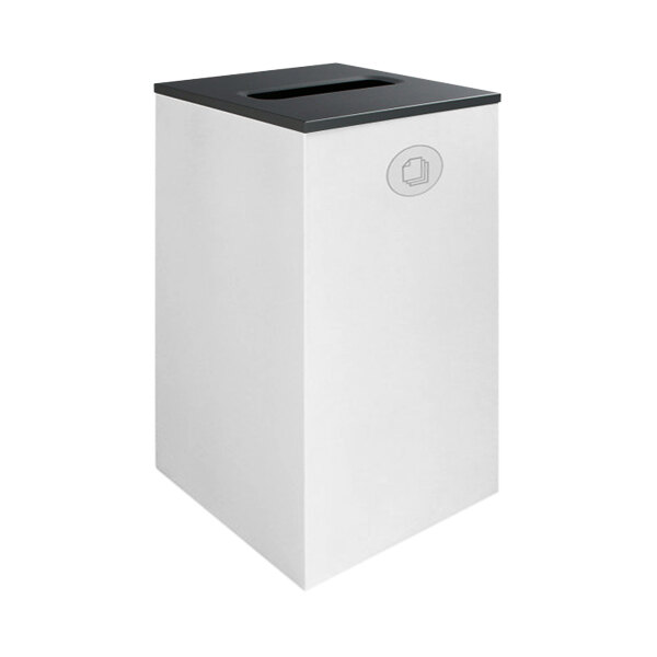 A white rectangular Busch Systems decorative paper receptacle with a black lid.