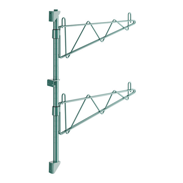 A green metal pole with two hook-shaped brackets.