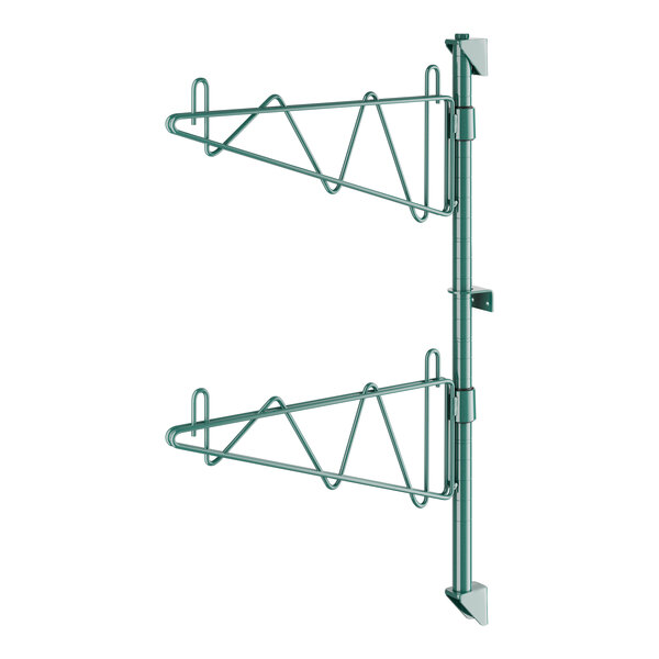 A green metal Regency wall-mounted shelf post with single brackets.