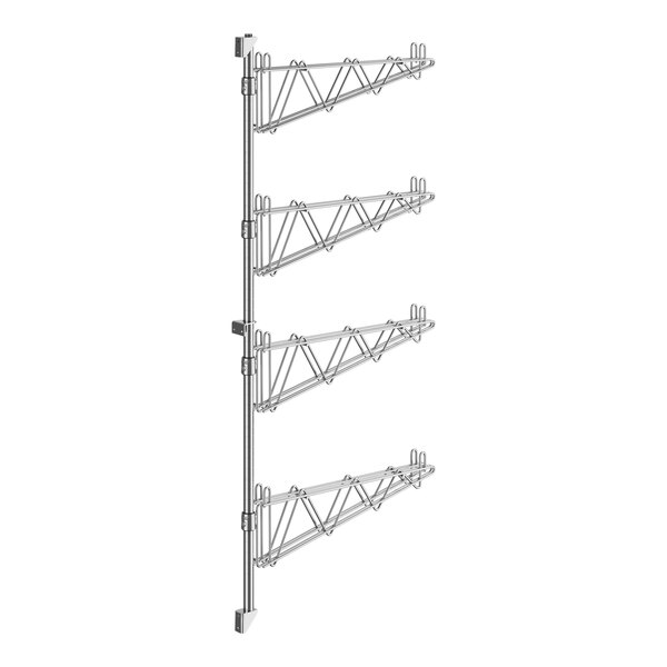 A Regency stainless steel wall-mount shelf post with four metal rods.