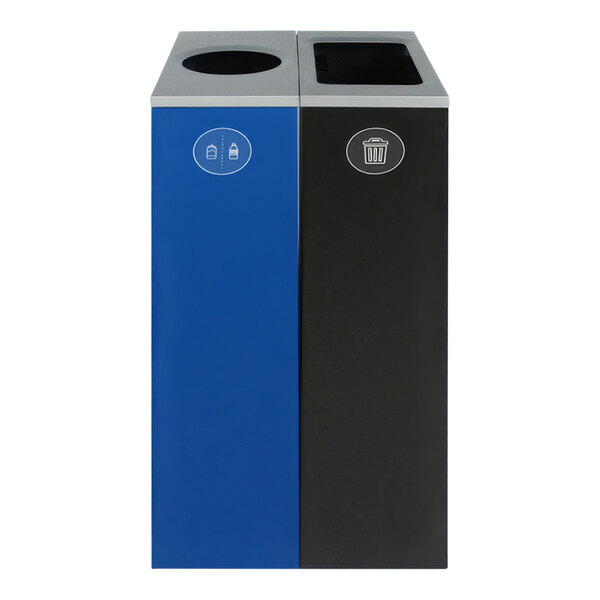 A blue and black rectangular Busch Systems Spectrum two stream trash can.