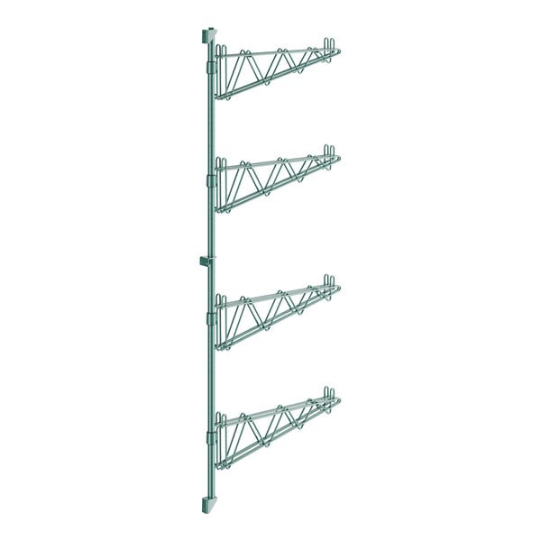 A Regency green metal wall-mounted shelf post with double brackets and three shelves.