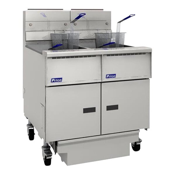 A Pitco stainless steel floor gas fryer with two baskets and a filter drawer.