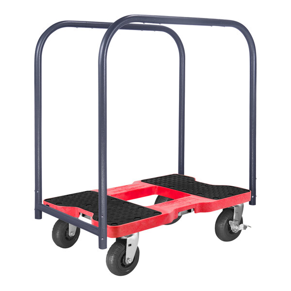 A red and black Snap-Loc panel cart with wheels and black handles.