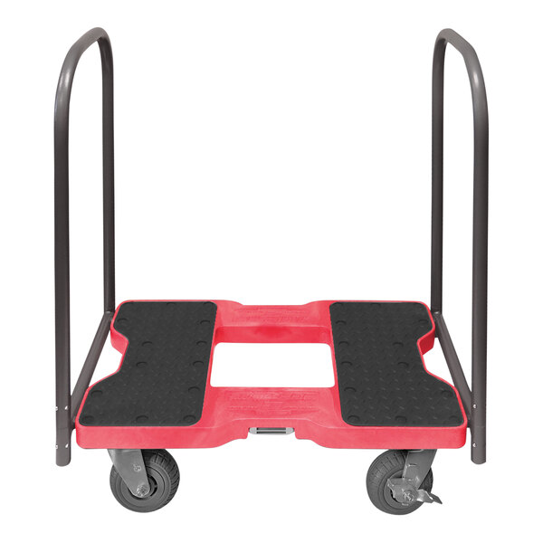 A red and black Snap-Loc panel cart dolly with wheels.