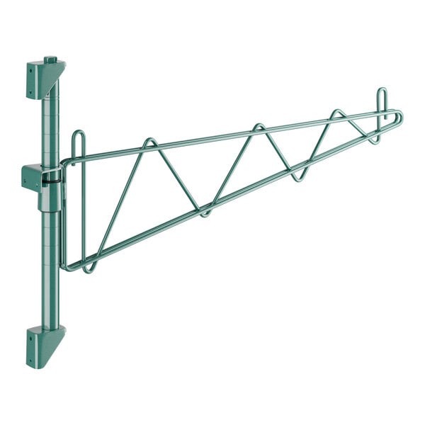 A green metal Regency wall-mount shelf post with two hooks.