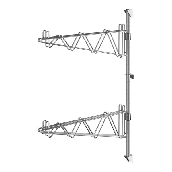 A pair of chrome metal wall-mount shelf brackets with double hooks.
