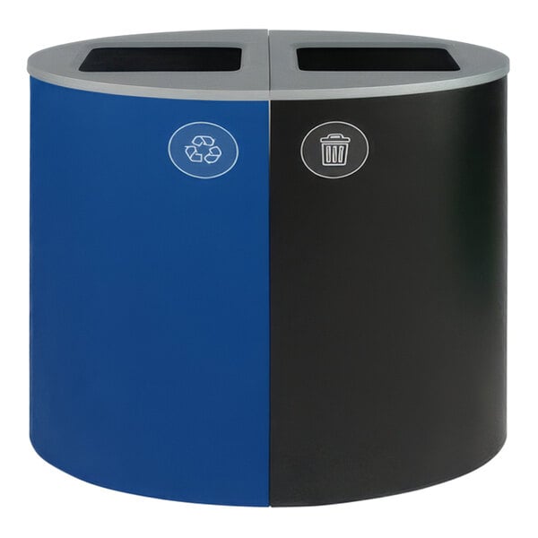 A black and blue Busch Systems ellipse-shaped steel two stream trash can with blue and black compartments.